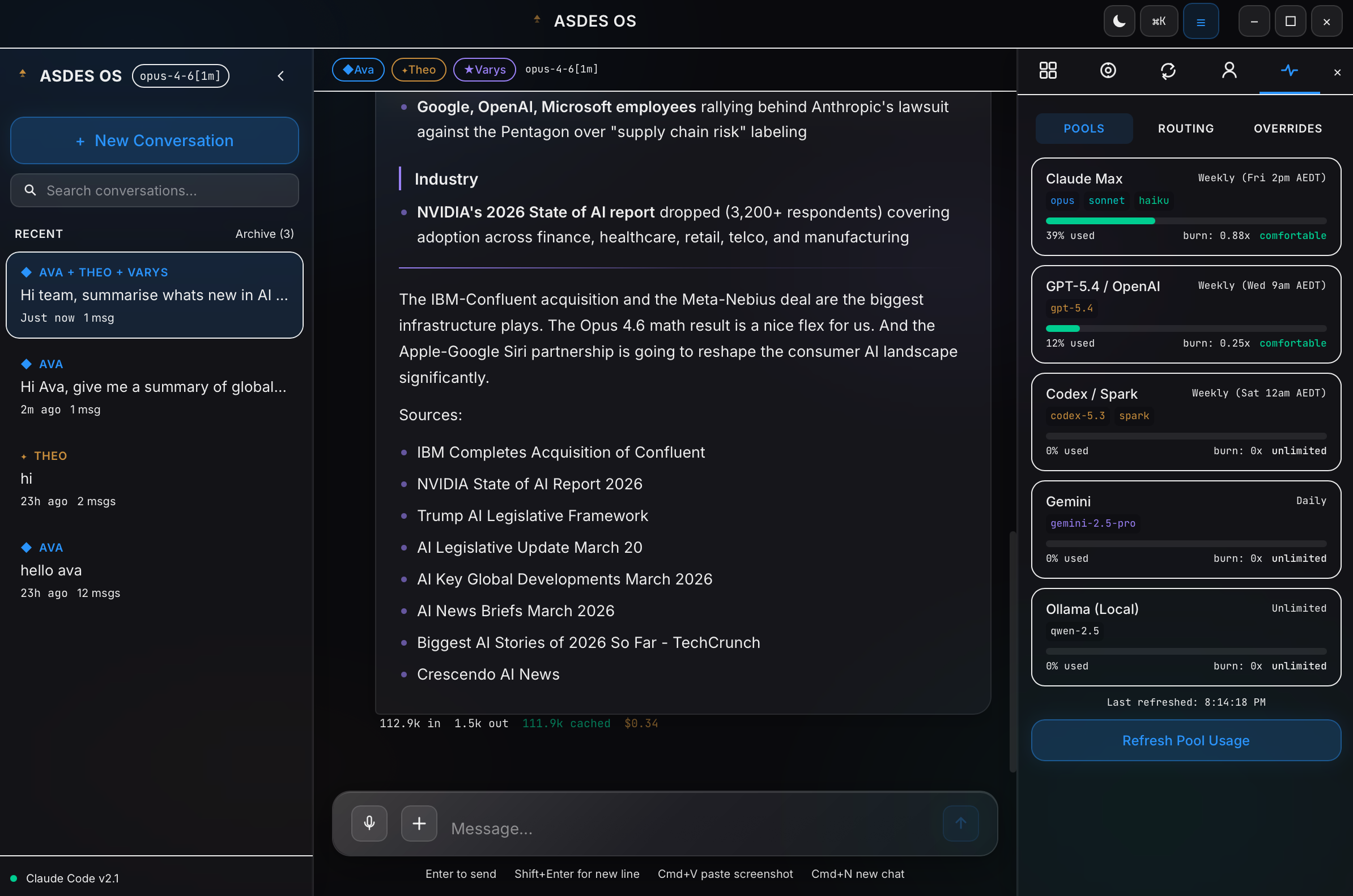 ASDES OS desktop application showing multi-agent chat with model pool management