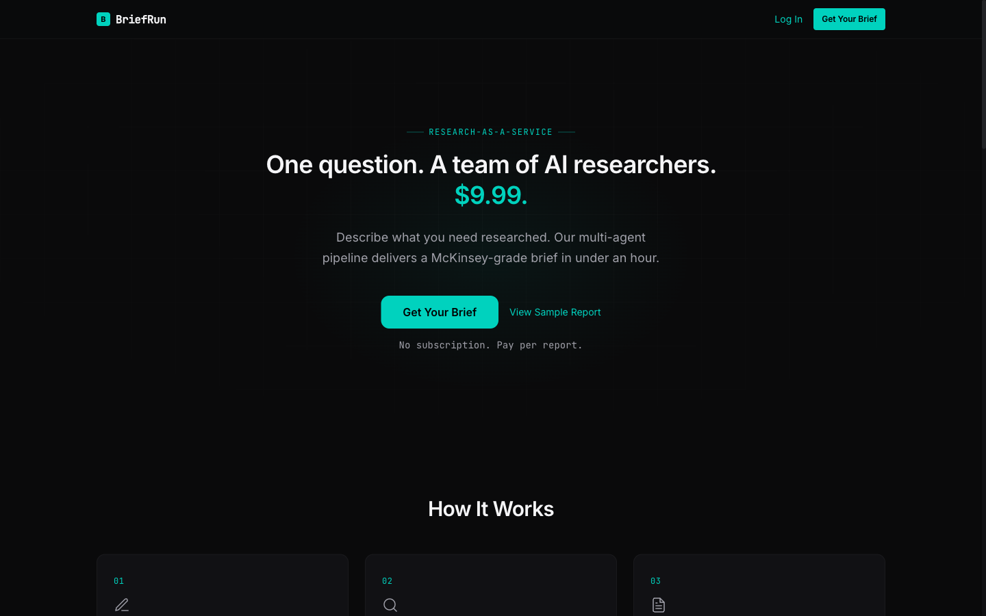 BriefRun landing page - Research-as-a-Service