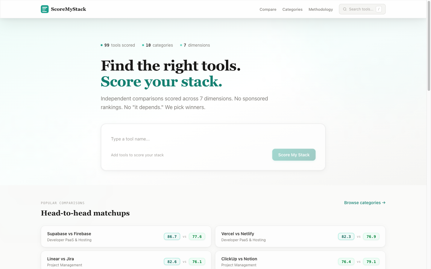 ScoreMyStack homepage showing tool comparisons and scoring
