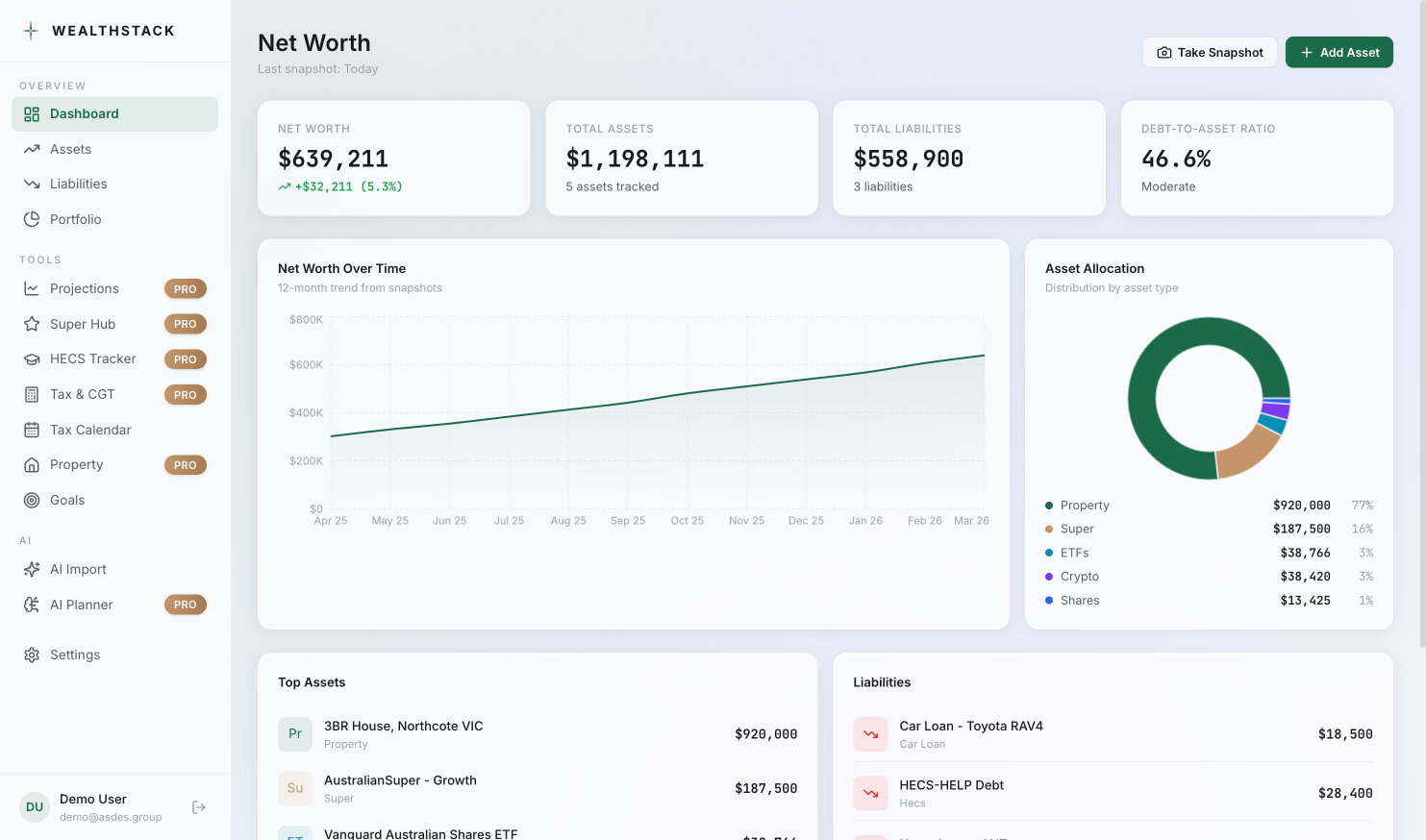WealthStack dashboard showing net worth tracking with asset allocation chart